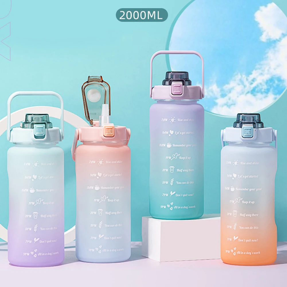 Water Bottle 2L BPA Free Sport Drinks Jug with Time Marking & Lock Cover Leak Proof Bottle with Portable Handle Green Colour 