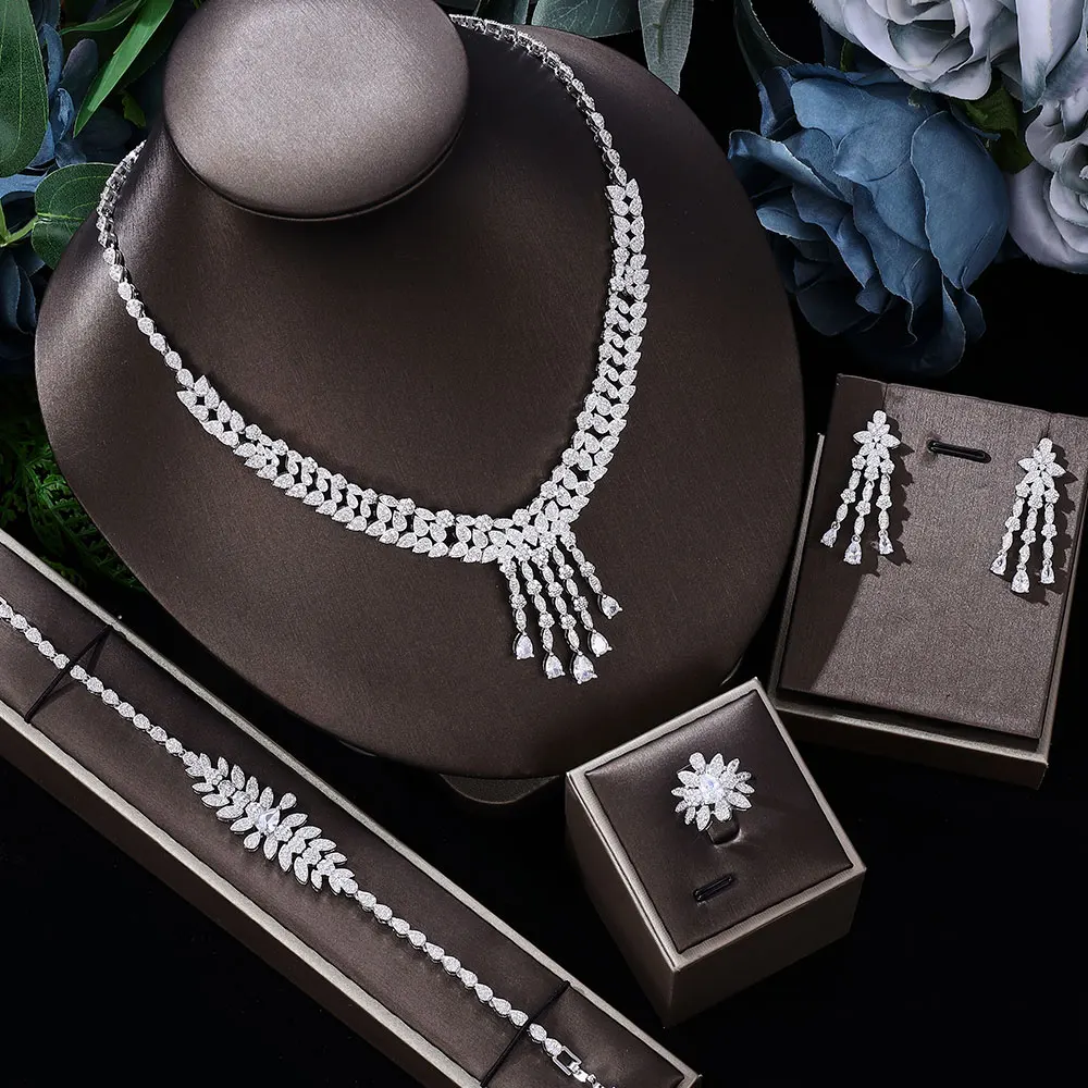

2024 Top 4 Piece Set Dubai Cubic Zirconia Tassel Drop Big Bridal Necklace Bridal Party Luxury Jewelry Set