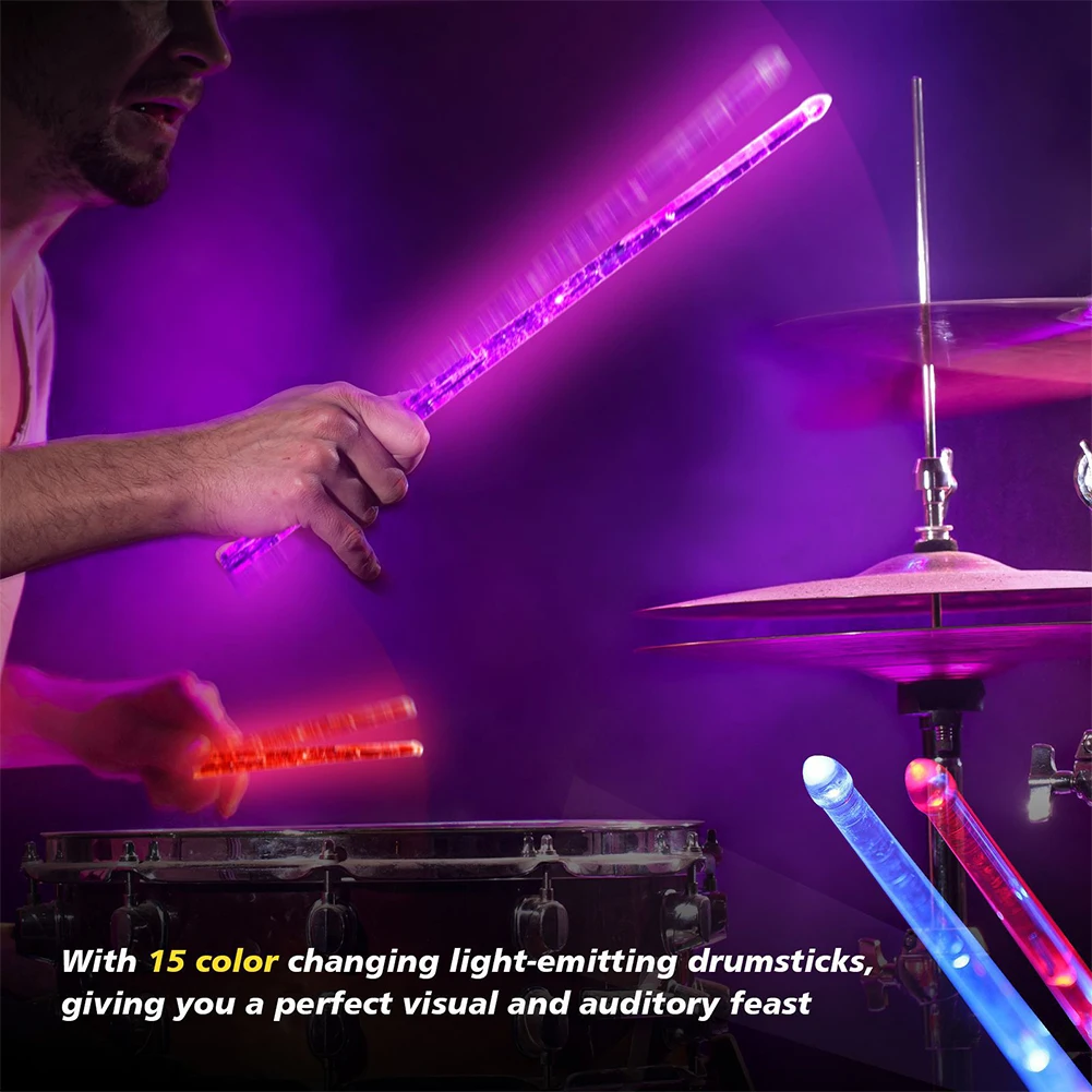 LED Light Up Drumsticks 15 Color Changing Plastic Drum Sticks LED Light Up Drum Sticks Rechargeable Professional Cool Drumsticks