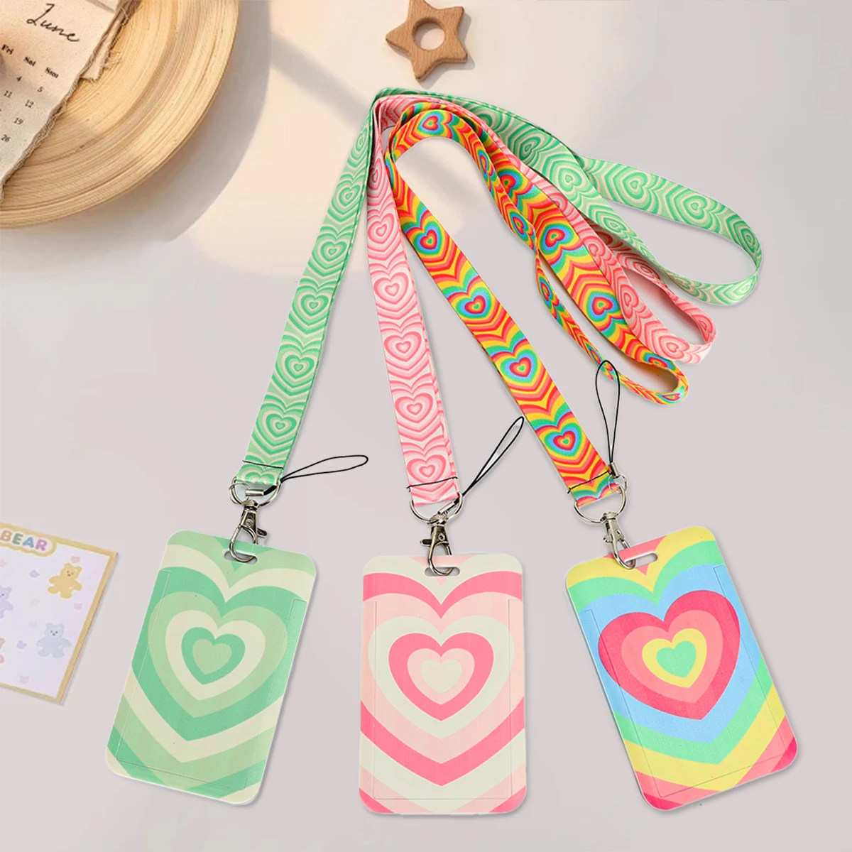 Colorful Love Heart Lanyards ID Card Holder Neck Straps Keychain Set For Women Girls Cute School Office Gift