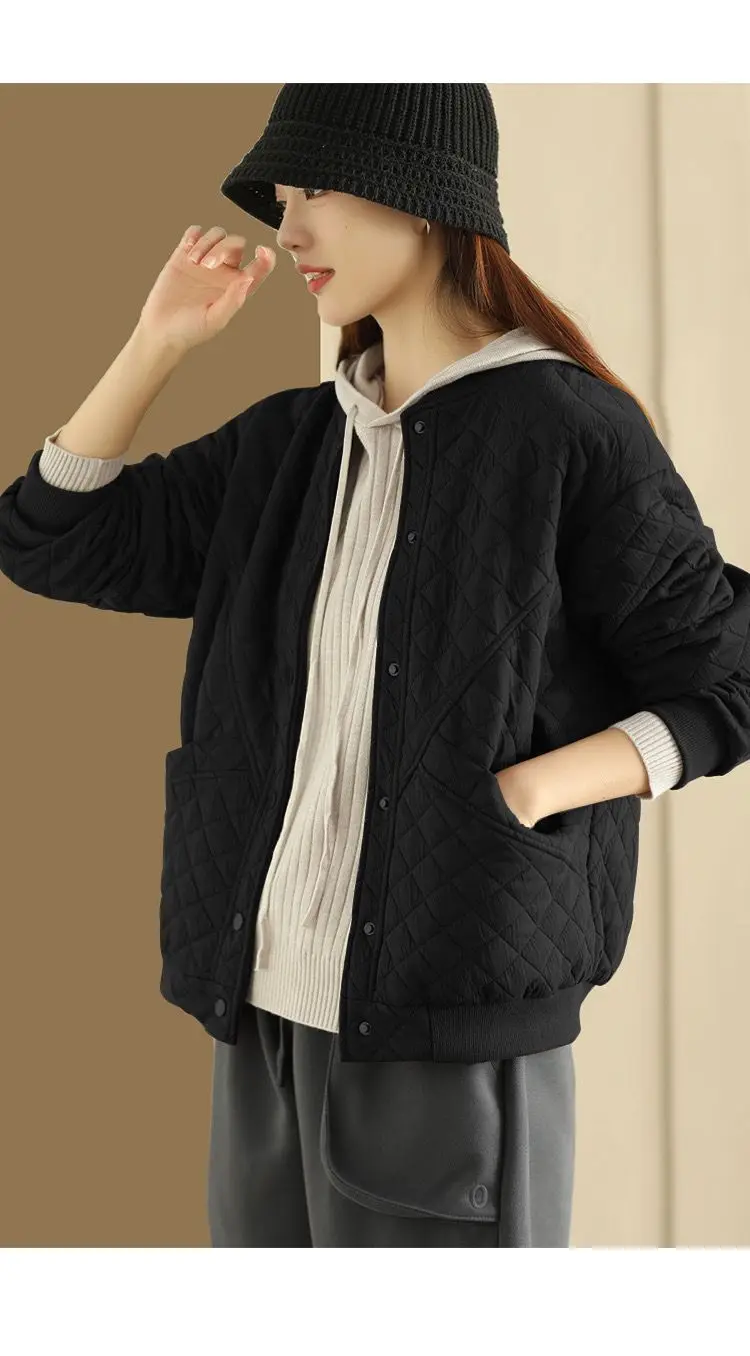 Diamond Plaid Thickened Jacket Women Threaded Cotton Round Neck Long Sleeve Baseball Jersey Loose Cardigan Solid Tops Warm