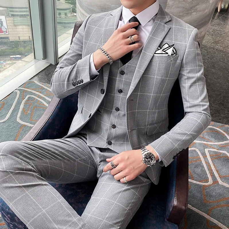 Blue Men Classic Striped/Checked Suit, Business Office 3 Piece Sets, Asian Size Slim Fit Men's Dress Suits, Black/Gray Available