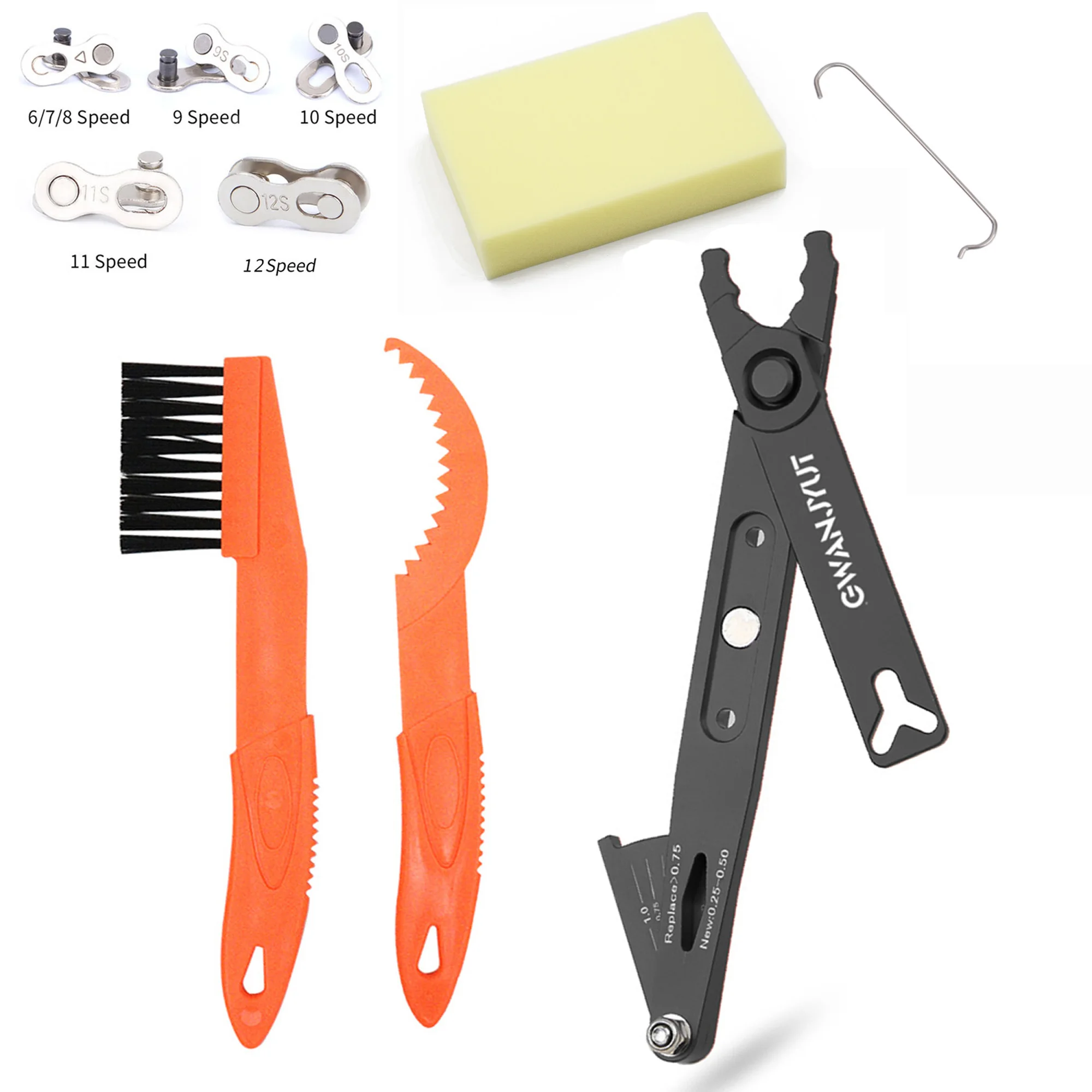 

Bike Chain Removal Tool Include Bicycle Chain Checker,Chain Brushes,Chain Hook,Cleaning Sponge,5pcs 6-8/9/10/11/12 Master Link