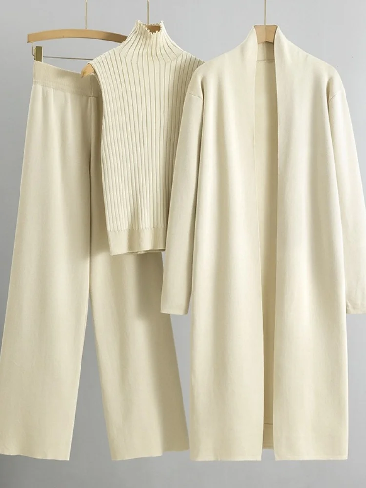 Wmstar 3 Piece Sets Wholesale Loose Knitted Suit for Women in Fall and Winter Long Shawl Cardigan High Neck Vest Wide Leg Pants