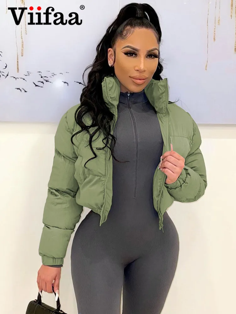

Viifaa Winter Warm Parkas Stand Collar Solid Color Cropped Puffer Jacket Women Elastic Hem Zipper Outwears Coats