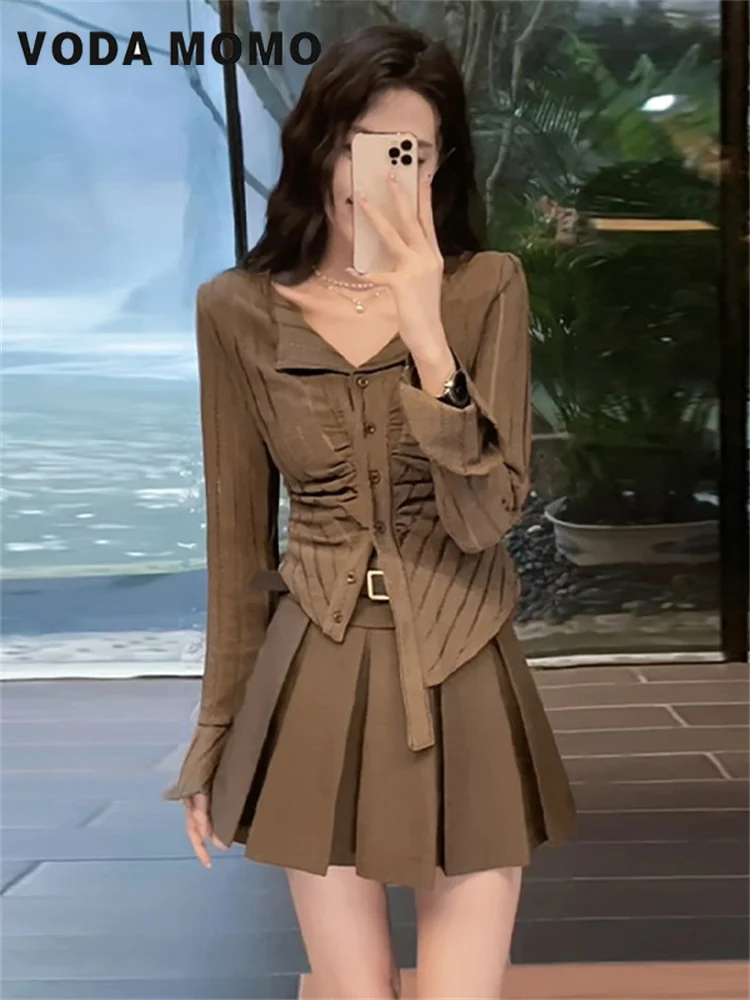 

Long Sleeve French High Waist Skinny Belt A-line Mini Pleated Dresses Women Korean Autumn New Elegance Fashion Design Advanced