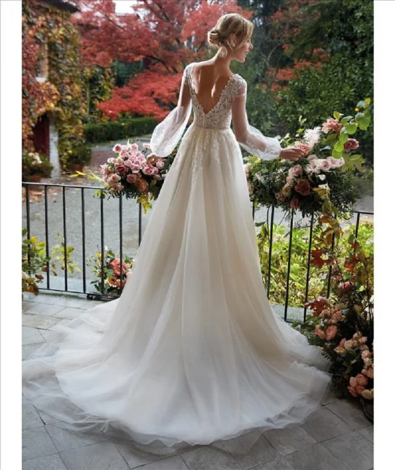 

Summer Long Sleeve Boho Wedding Dress Lace V Back Tulle A Line Elegant Appliques Bridal Gown Charming For Women Vestido De Noiva