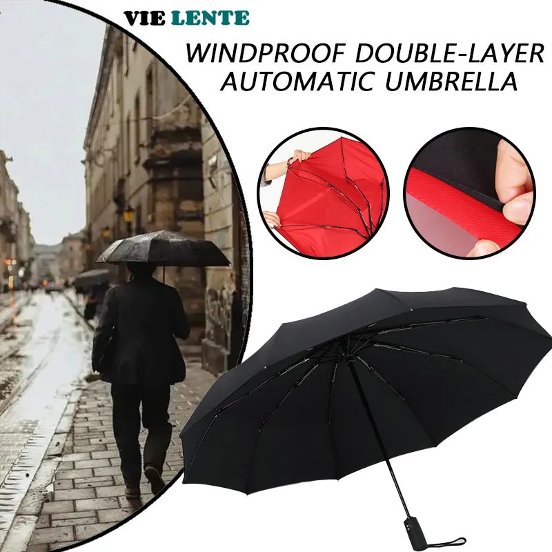 Wind Resistant Umbrella Folding Umbrella Automatic Sun Umbrella Automatic Umbrella Windproof Umbrella Sun Umbrella Double-layer Automatic Umbrella Windproof Sun Protection 10 Skeleton Durable and Sturdy Business Casual Folding Umbrella