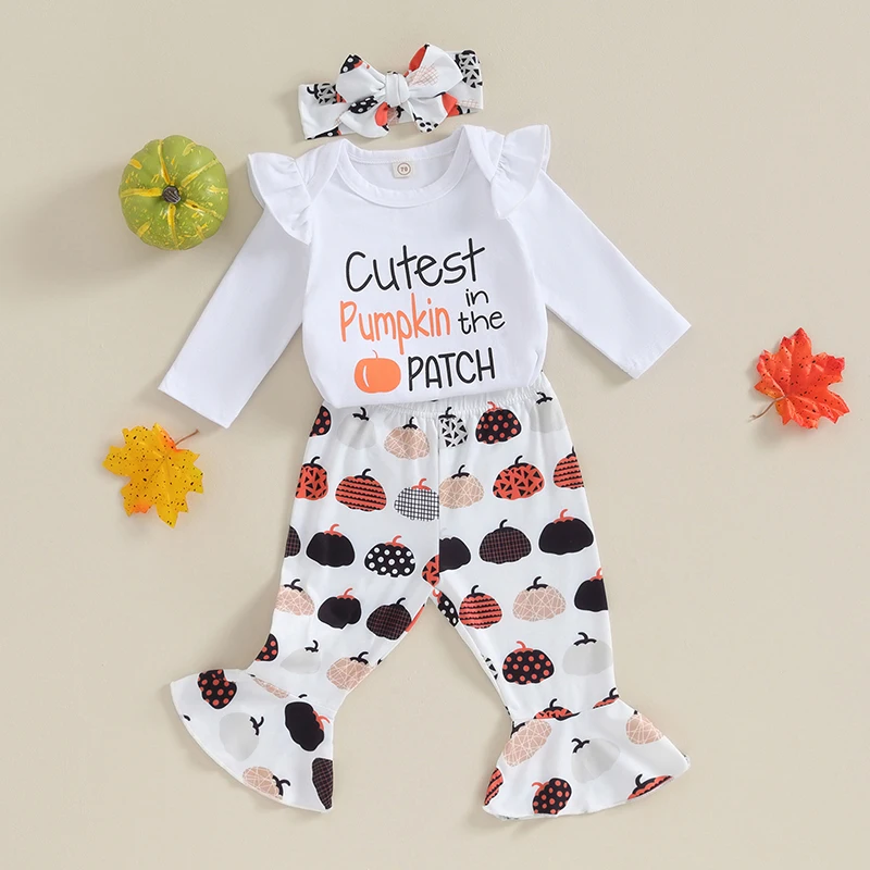 

Infant Girl Halloween 3Pcs Outfit Letter Print Flying Sleeve Romper Pumpkin Flare Pants Bow Headband