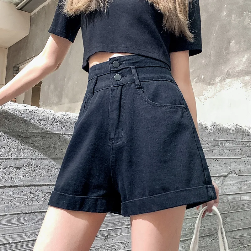 2024 Summer Woman High Waist Denim Shorts Loose A-line Wide-leg Jeans Female Solid Fashion Casual Shorts with Buttons Streetwear
