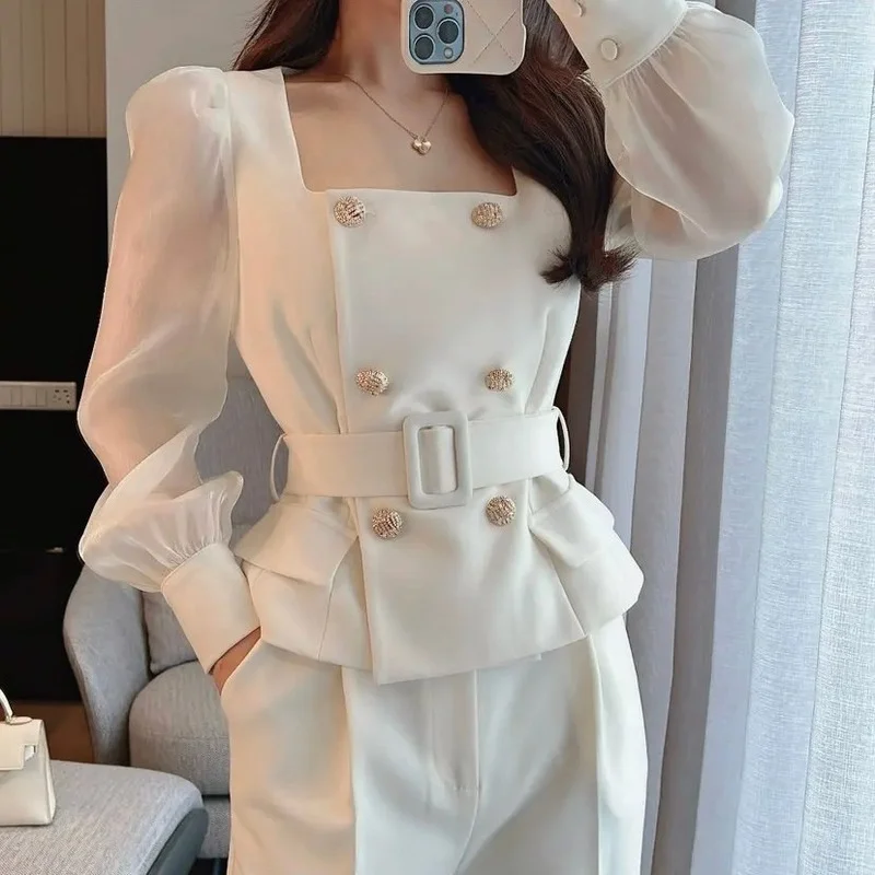 

OL Double Breasted Shirts Pearl Mesh Sleeve Suit Jacket Belt Waist Square Top 2 Piece Sets Wide Leg Tailored Trousers