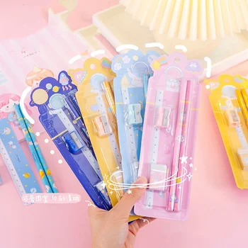 문구류 학생 선물 상품, 창의적인 카와이 연필 지우개 눈금자 연필 깎이, 4 세트