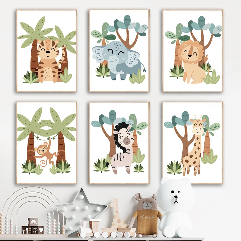 

Cute Cartoon Elephant Lion Giraffe Tiger Nursery Posters And Print Wall Art Canvas Painting Modern Baby Children Bedroom Decor
