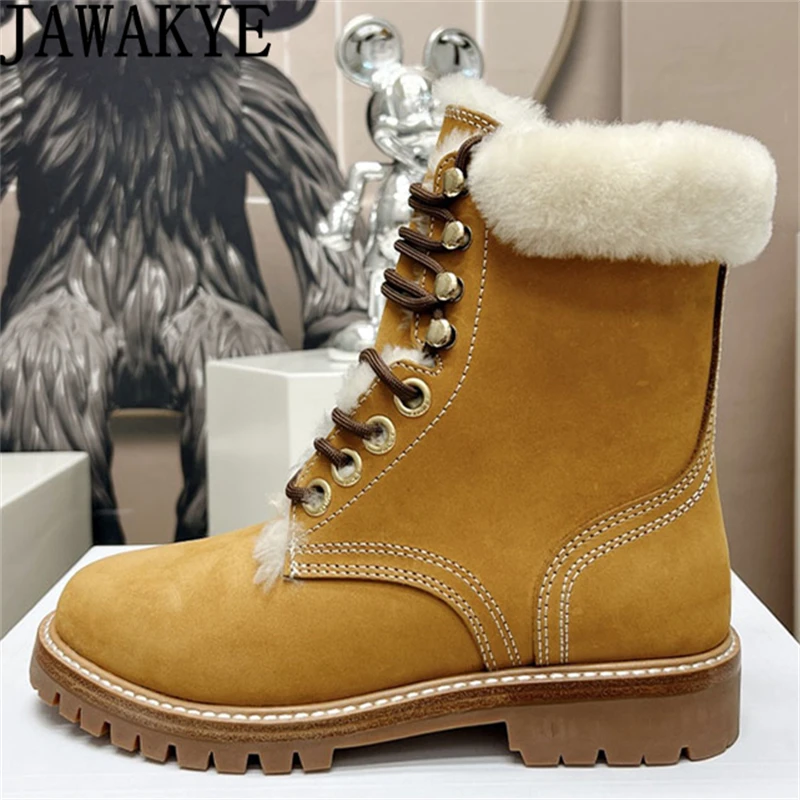 

2023 Winter Thick Sole Suede Warm Wool Martin Boots Women Round Toe Lace Up Short Hiking Boots Fashion Motorcycle Botas Mujer