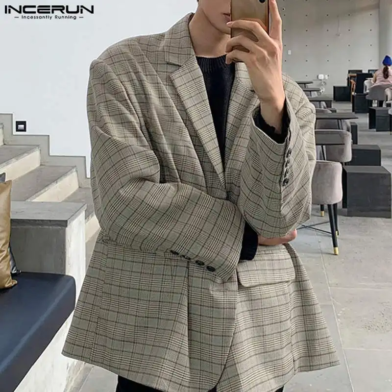 

2023 Men Plaid Blazer Lapel Long Sleeve Button Casual Suits Men Autumn Streetwear Loose Fashion Leisure Coats S-5XL INCERUN