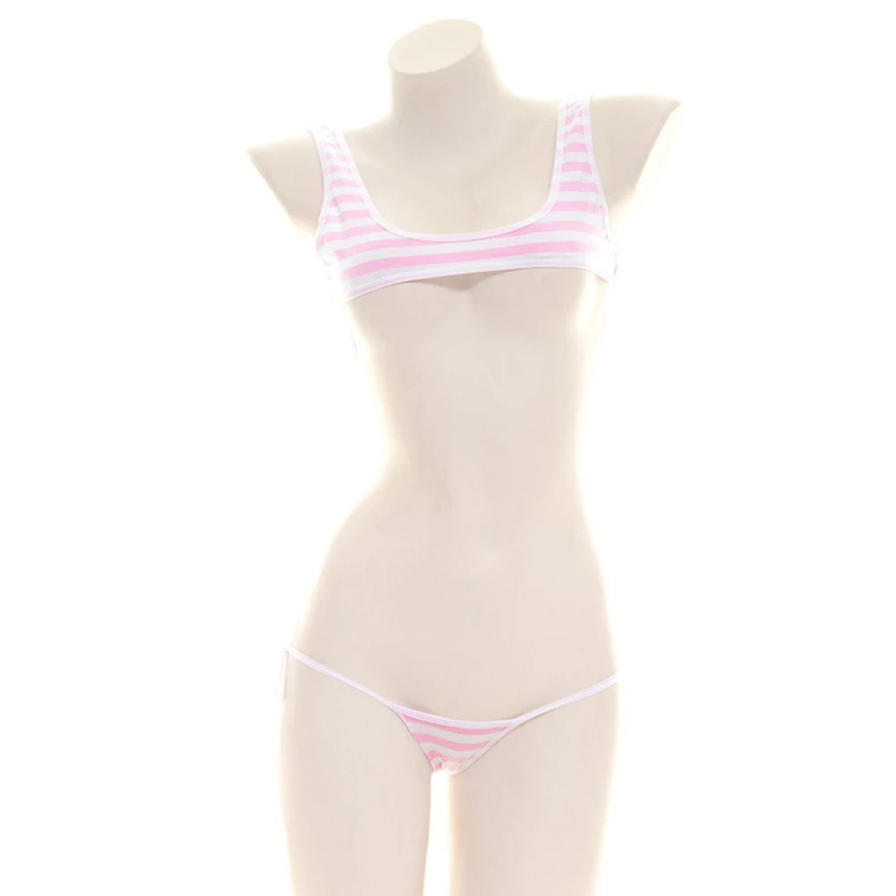 Blue White Stripe Bikini Swimsuit Underwear Vacation Daily Moderate Elasticity Polyester Fabric Regular Length