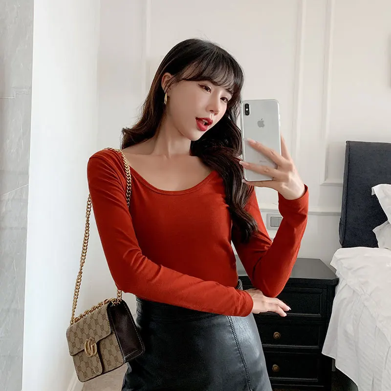 

MRMT 2023 Brand Women's Slim High Waist Short Navel Cushion Tight Round Neck T-Shirt Double U-Neck Long Sleeve Navel Tops