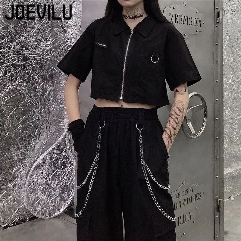 Cargo Pants Suit Short Sleeve Slim Shirt High Waist Chain Sweatpants Two Piece Sets Women's Summer Korean Hip-hop Gothic Outfits 3