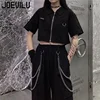Cargo Pants Suit Short Sleeve Slim Shirt High Waist Chain Sweatpants Two Piece Sets Women's Summer Korean Hip-hop Gothic Outfits 3