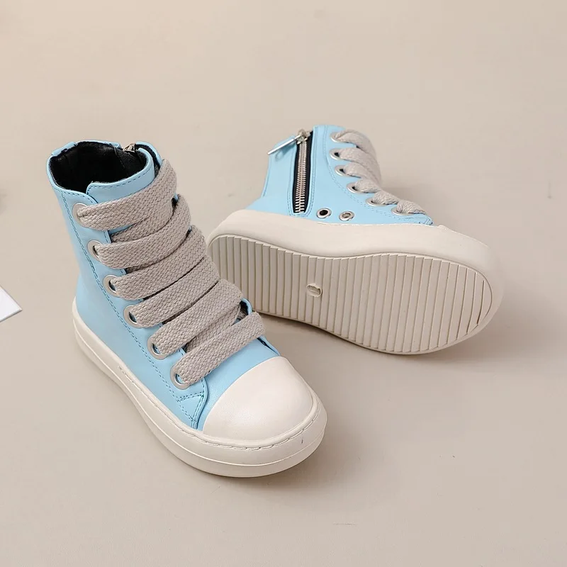 Kids High Top Sneakers Girls Boys Children's Shoes Leather Jumbo Lace Up Casual Spring Streetwear Sky Blue Boots Owen 4