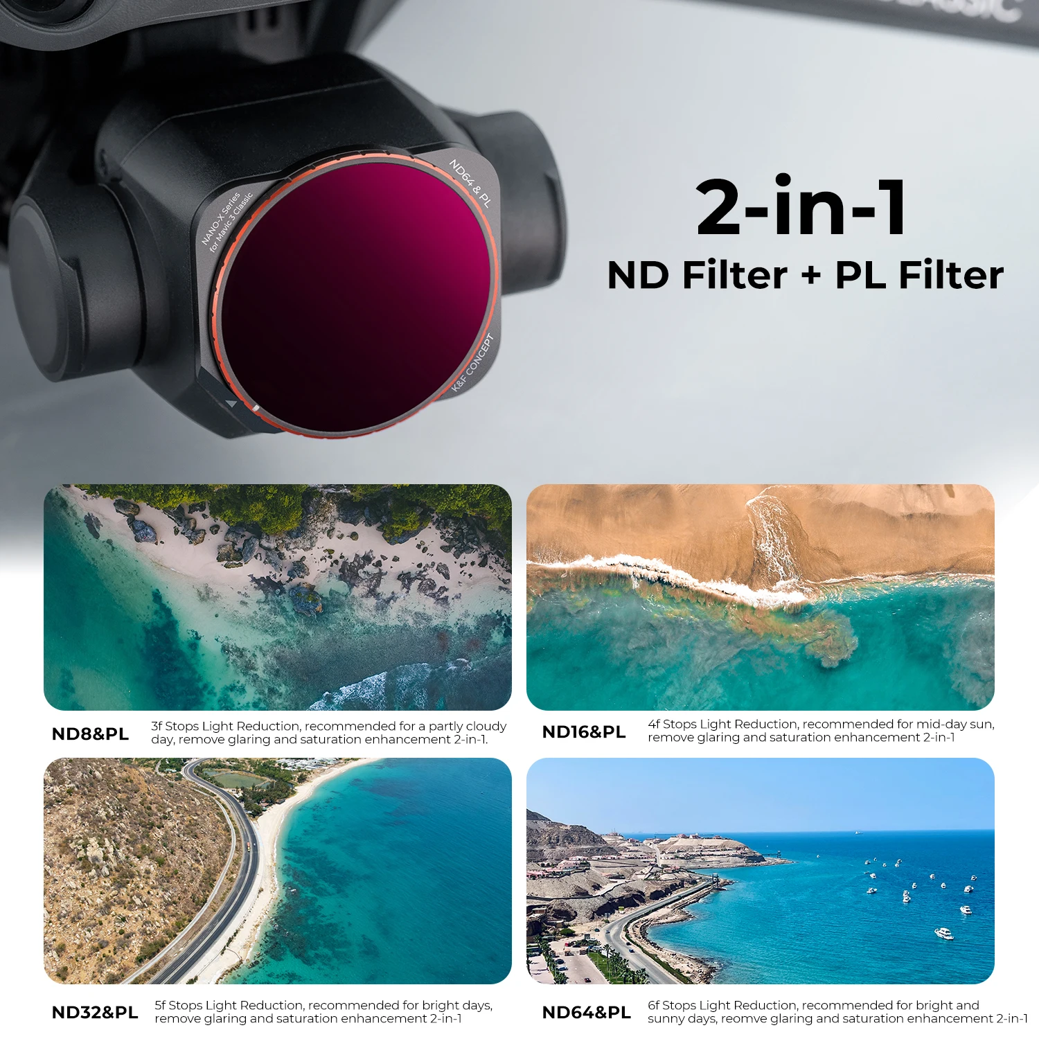 K&F Concept Filter for DJI Mavic 3 Classic, 3 2-in-1 ND Filter + PL Filter recommended for partly cloudy days