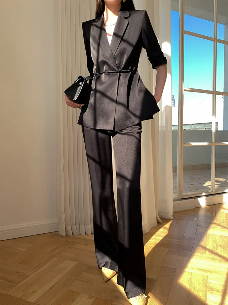 [LANMREM] Elegant 2 Piece Sets Women Lace-up Gathered Waist Blazer High Waist Straight Pants Office Lady Clothes 2024 Summer New