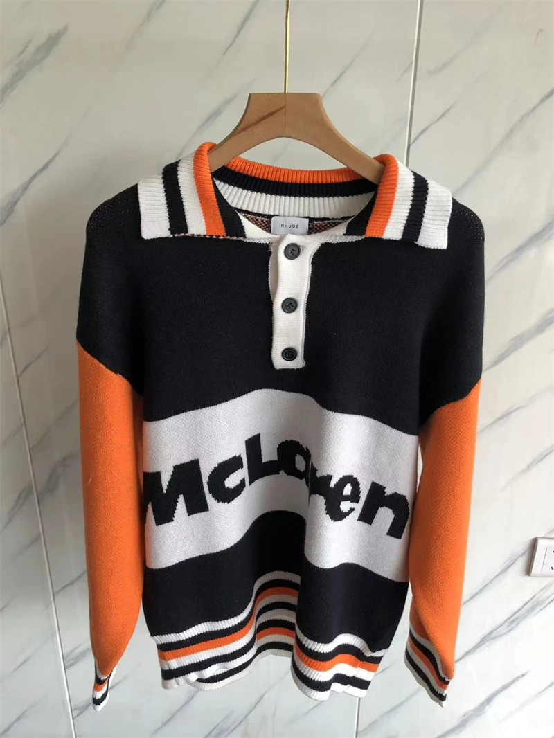 

New 1:1 Patchwork Rhude Standing Collar Jacquard Sweater Men Women Oversized Orange Sweatshirts Jaqueta Hip Hop