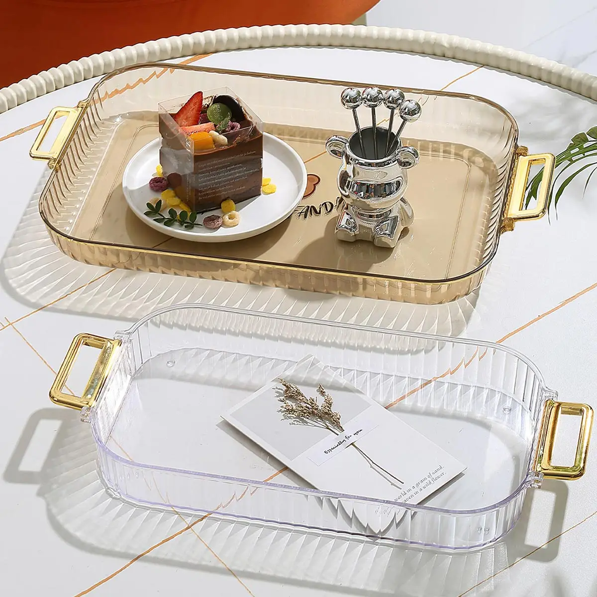 Rectangular Storage Tray With Handle Plastic Serving Tray Living Room Transparent Teapot Teacup Storage Plate