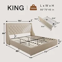 Upholstered King Size Bed Frame with 4 Storage Drawers, Platform Bed Frame with Wingback Headboard, Charging Station, Beige 2