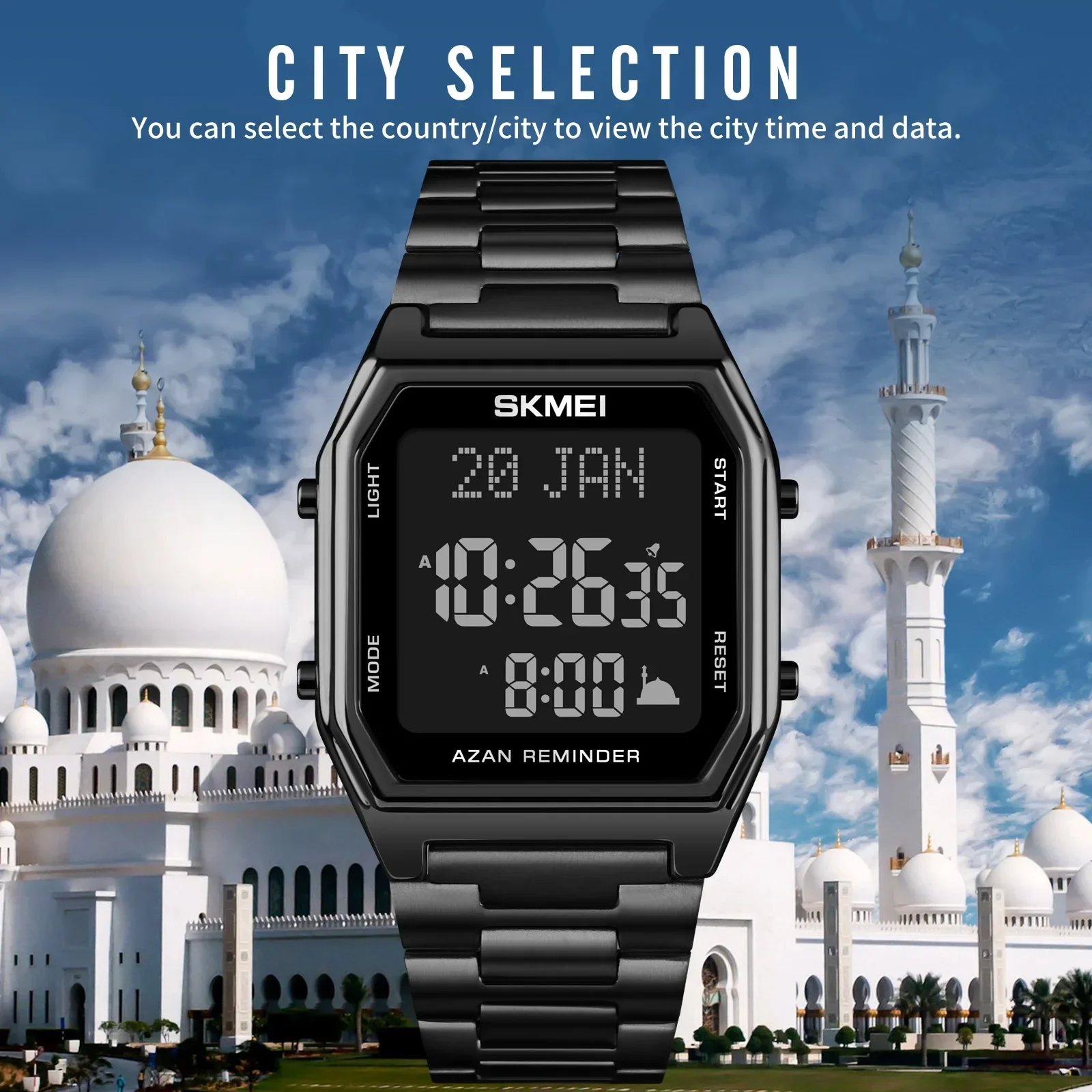 SKMEI 1763 Watch for Men Sport Waterproof Pilgrmage Qibla Direction Religious month day Hijri Calendar Digital Mens Wristwatches