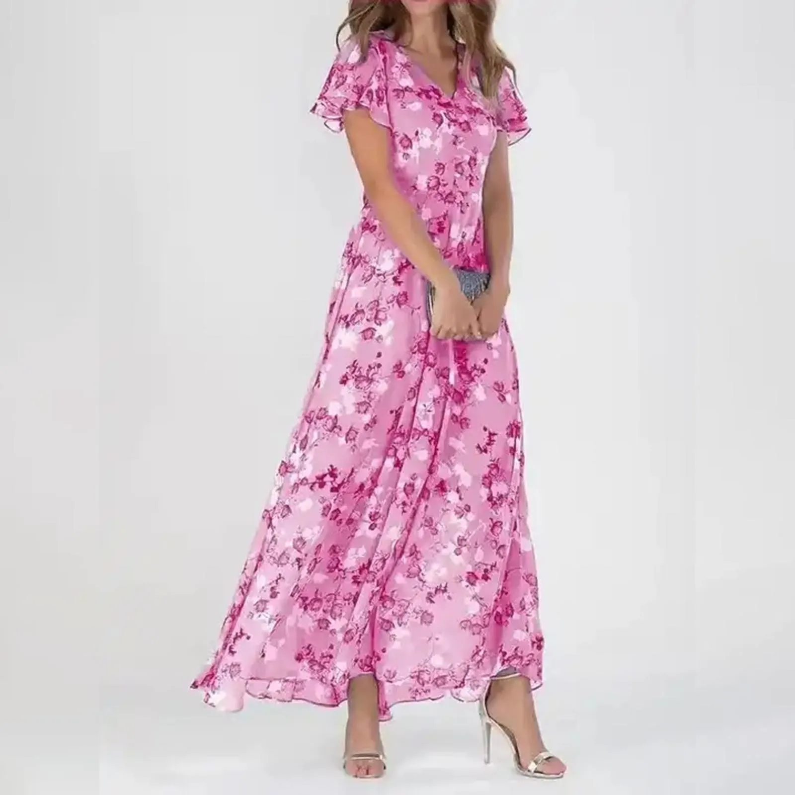

Женское шифоновое платье-макси с коротким рукавом, V-образным вырезом и цветочным принтом