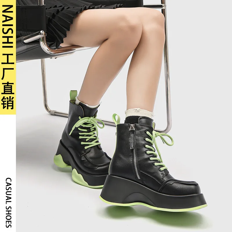 Square Toe British Style Boots Autumn Winter Platform Thick Sole Mid-calf Zipper Color Contrast Splicing Casual Short Boots