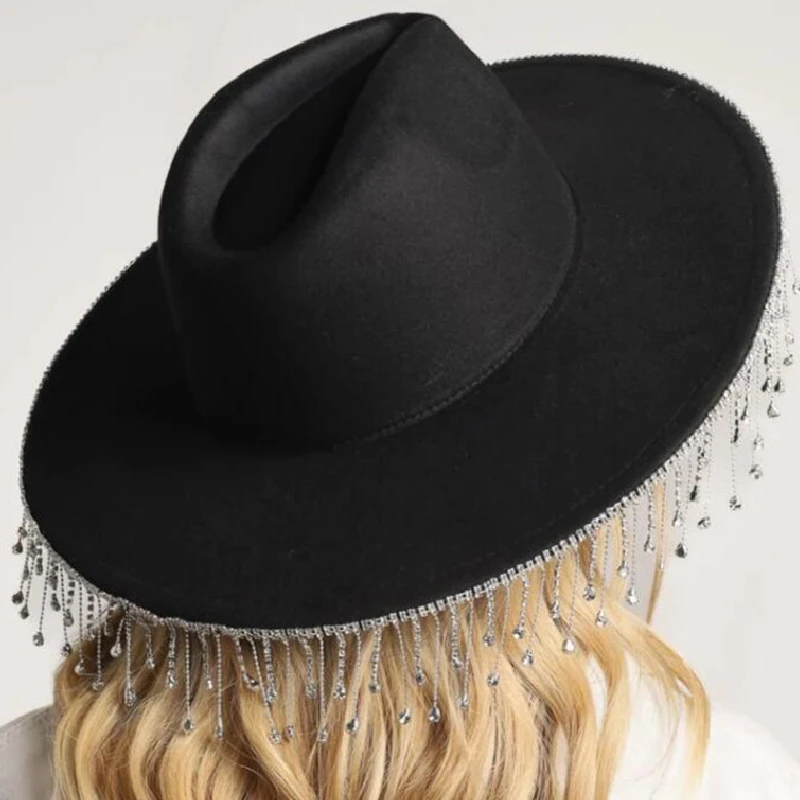 Dourbesty Rhinestone Tassel Cowboy Hat y2k Party E-girls Casual Feather Star Print Caps Vintage Royal Court Style Elegant Hats cowboy hats cowgirl hats