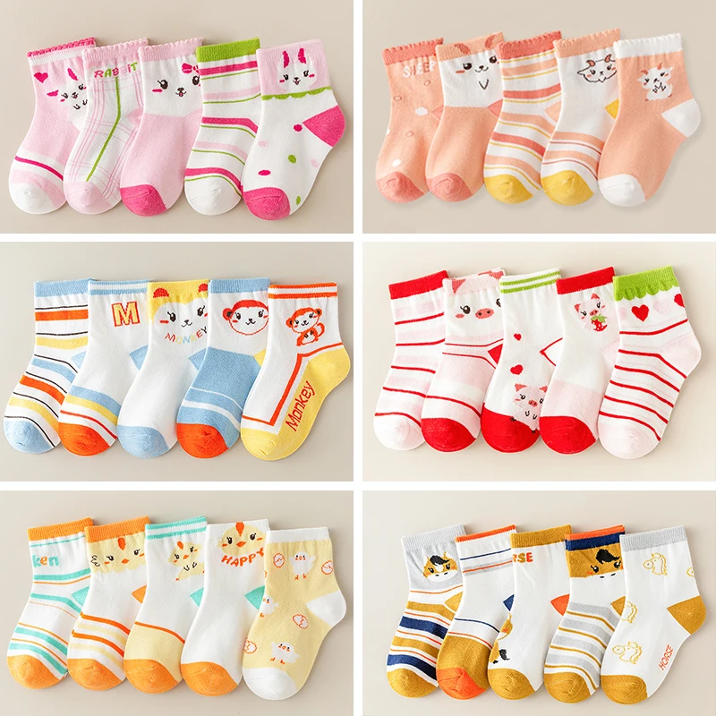 Childrens socks, 5Pairs Children's socks, Animal Print, Comfortable, Breathable, Casual, Soft, Kids Socks, thin socks for children