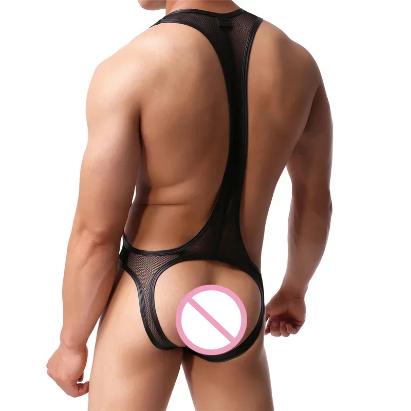 Men Transparent Mesh Thong Bodysuit Jockstrap Wrestling Singlets Jumpsuits Male See Through Erotic Underwear Bodywear Lingeries