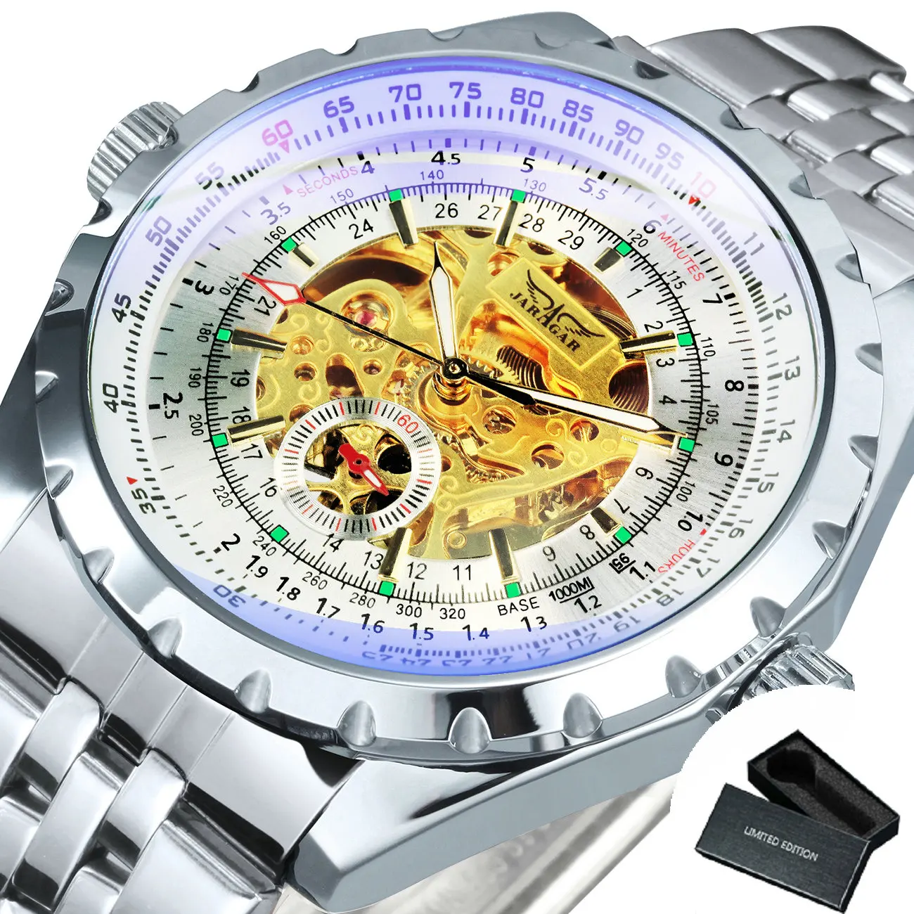 Luxury JARAGAR Men's Skeleton Mechanical Watch with Luminous Hands and Leather-Steel Strap