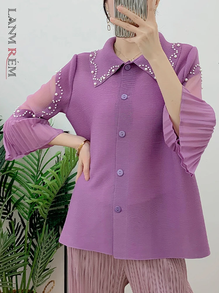 

LANMREM Pleated Shirt For Women Lapel Single Breasted Patchwork Long Sleeves Tops Office Lady Clothing 2023 Summer New 2YA3045