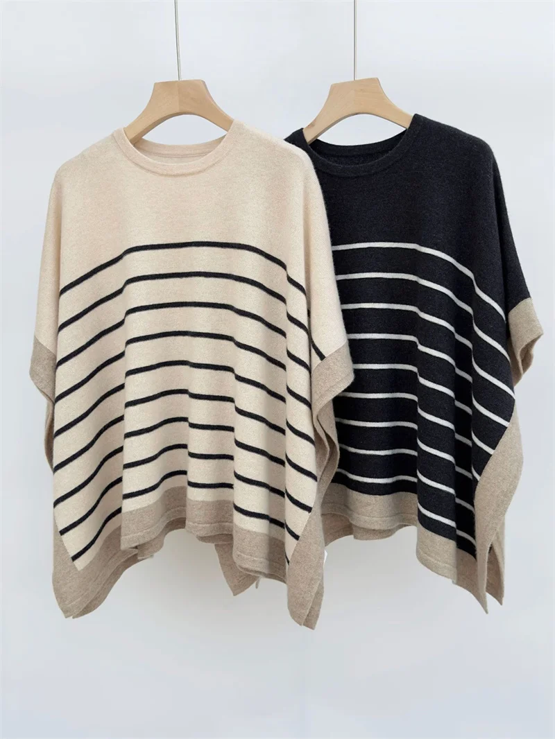 

Autumn Winter New Women's 100% Cashmere Contrast Stripes Cloak Sweater Lady Round Neck Short Sleeve Irregular Shawl Pullover