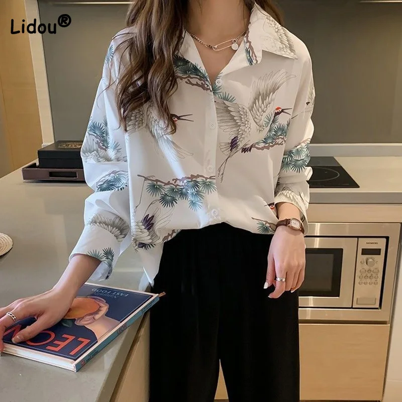 

Fashion Korean Version Women Blouses 2022 New Spring Autumn Casual Turn-down Collar Fairy Crane Printing Long Sleeve Loose Shirt