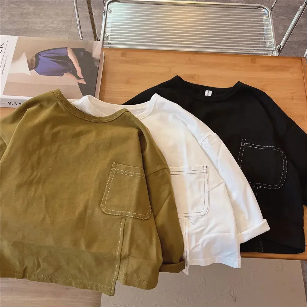 Boys Long-sleeved T-shirt Spring  Autumn Korean New Children Solid Color Irregular Bottoming Shirt Baby Autumn Inner Tops 3
