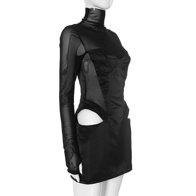 Sexy Mesh Hollow Out Turtleneck Corset Stain Black Short Dress for Women Long Sleeve Party Evening Mini Curvy Pink White Dresses 5