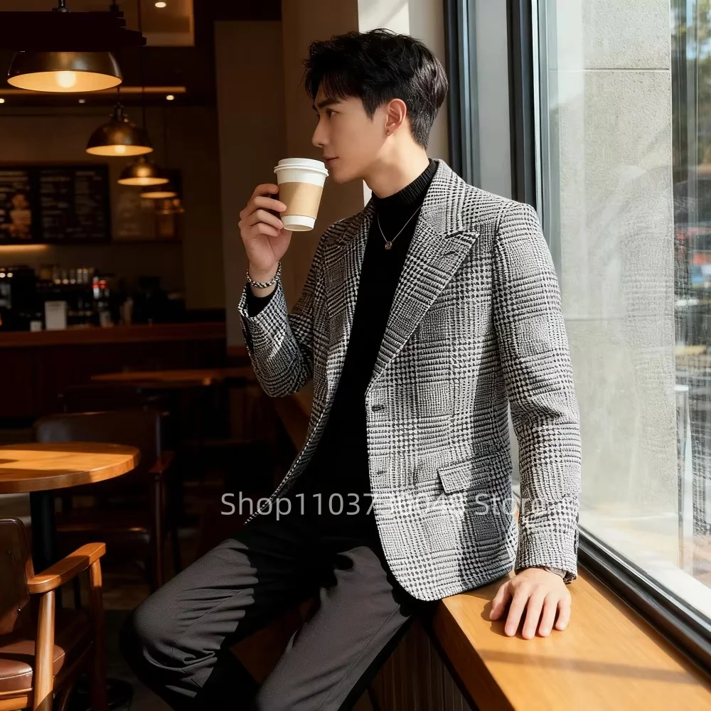 Casual Men's Houndstooth Suit Blazer Peak Lapel Single Breasted Two Buttons Jacket Prom Party Tuxedo Business Wedding One Coat