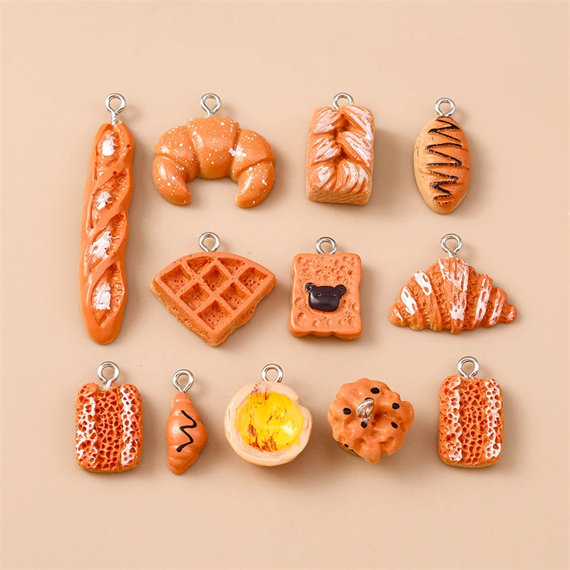귀여운 음식 모양 레진 참 20개, 아침 식사 빵 참 펜던트, 쥬얼리 제작, 목걸이, 귀걸이, 팔찌, DIY 공예 용품