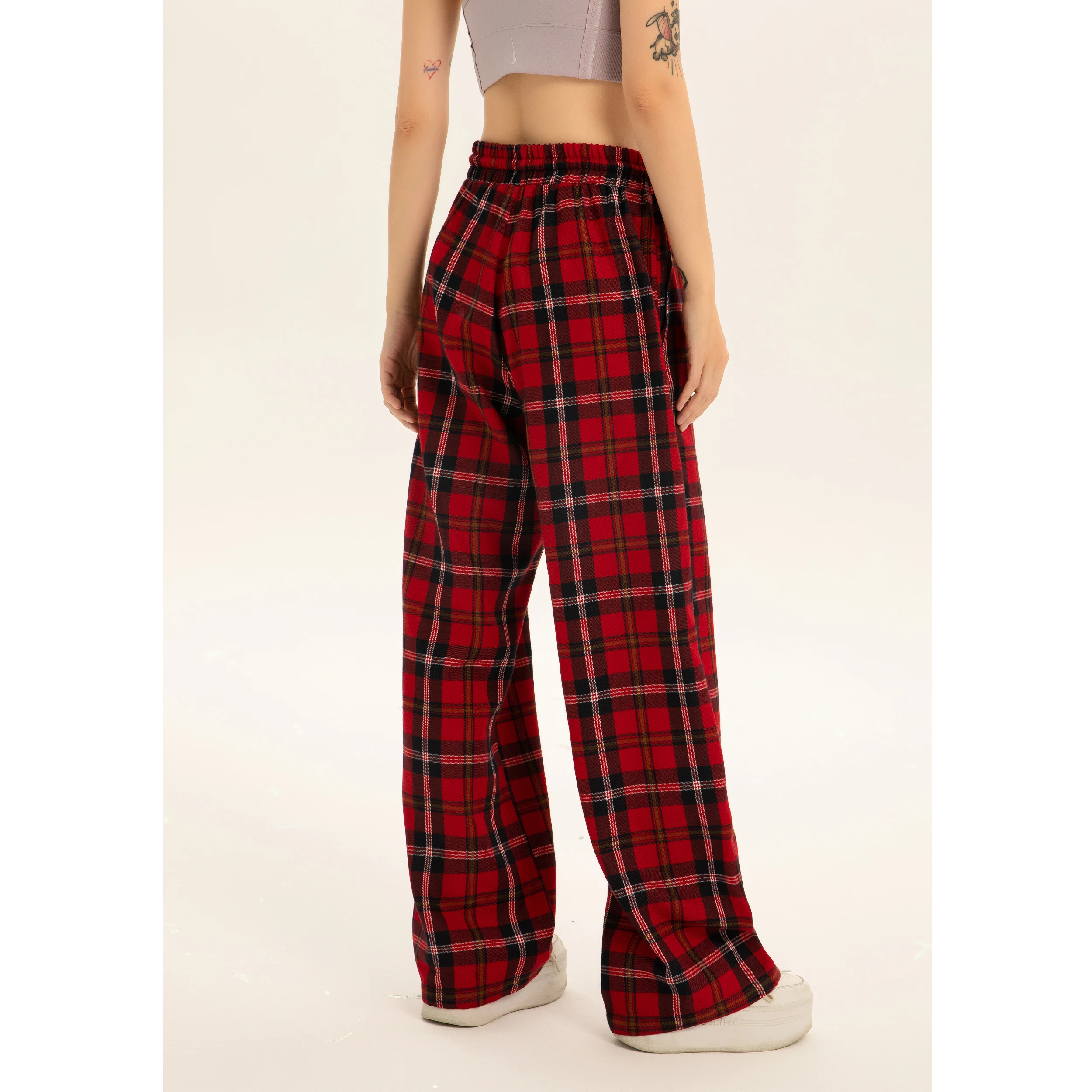 Straight Wide-Leg Pants High Waist Red Plaid Retro Casual Mopping Pants Women's American Style Street Style Spring and Autumn