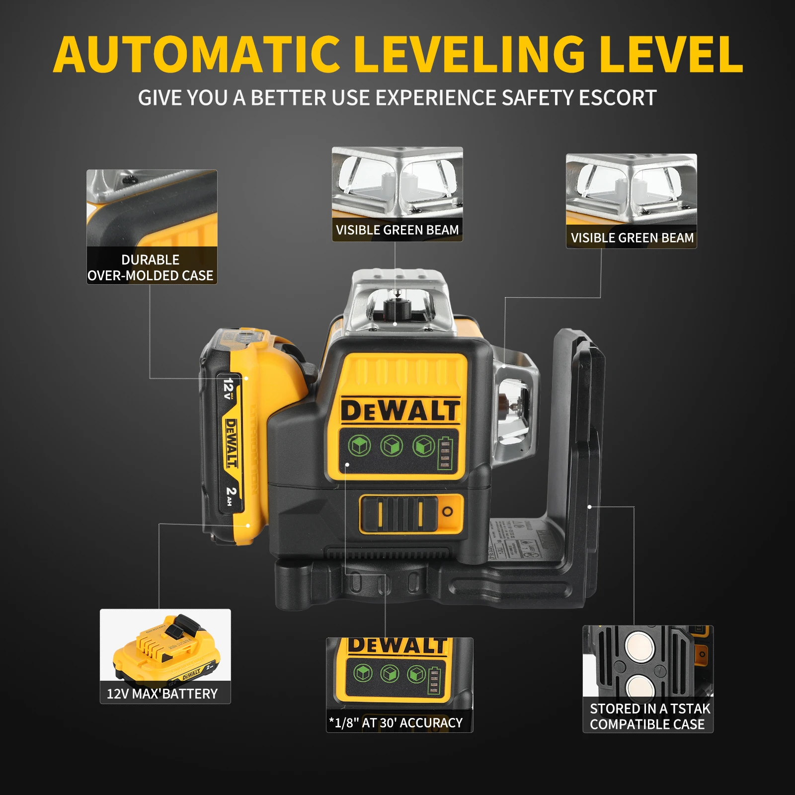 Laser Level Dewalt DW089LG 3 Sides*360 12 Lines Horizontal Green Light tool Meter Outdoor Degree Vertical 12V Battery laser
