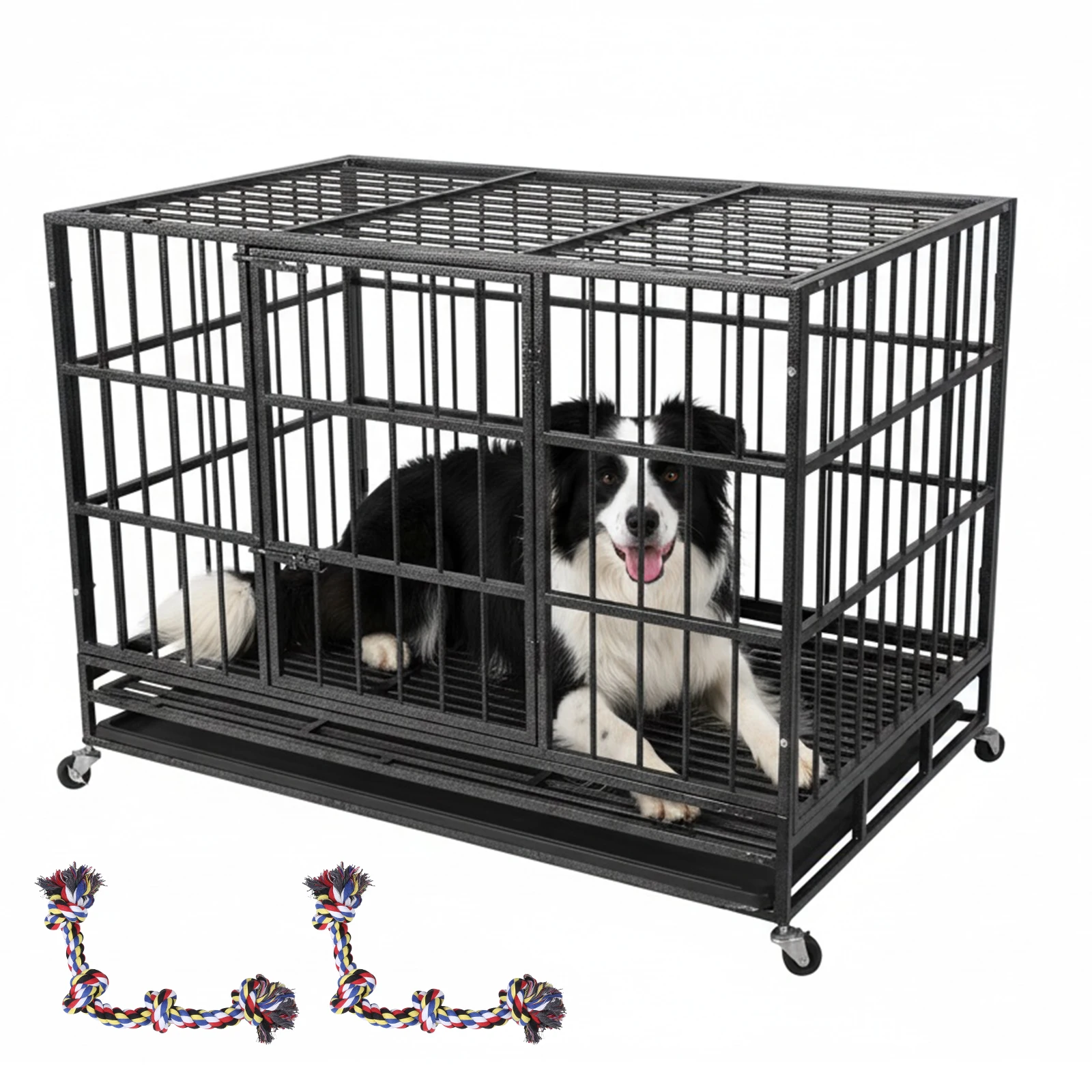Dog Crate Cage Kennel Reinforced Baseplate Metal Kennel Playpen 48inch with 2 Removable Tray for High Anxiety Medium/Small Dogs