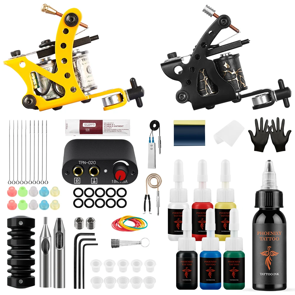 Tattoo Kit Beginner Tattoo Machine Gun With Power Supply Needles Permanent Ink Pigment Complete