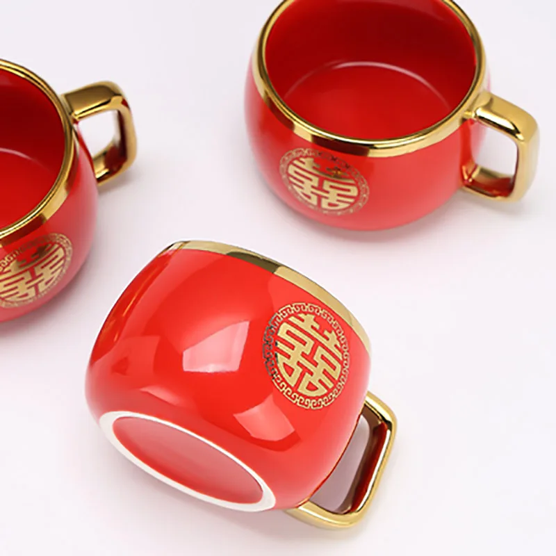 Chinese Red Ceramic Tea Set, Teapot, Porcelain Kettle, Teaware with Handle, Newlywed Banquet Party Supplies