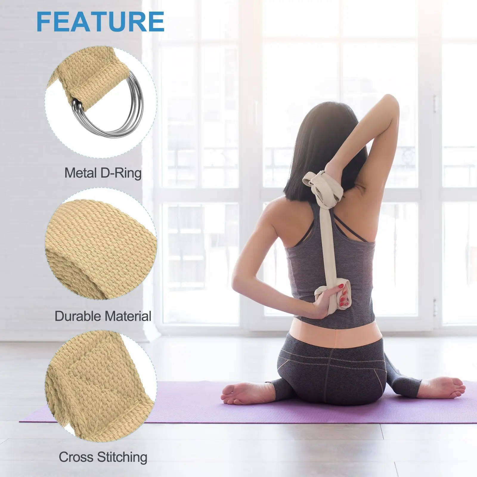 1.8mx3.8cm Yoga Strap for Stretching Cotton Yoga Belt with Adjustable Metal D-Ring Buckle Stretch Band for Fitness Pilate