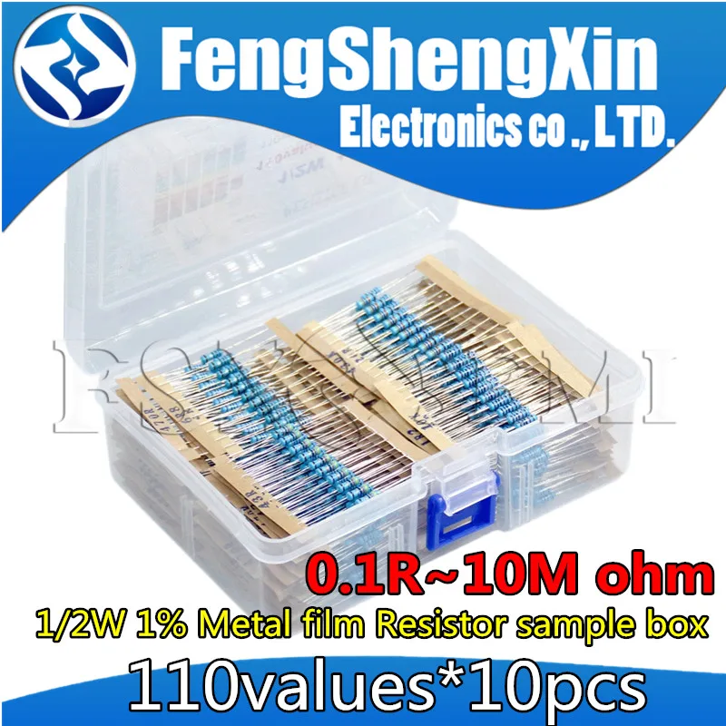 110values X10pcs=1100pcs 1/2W 1% Metal film Resistor sample box 0.1R~10M ohm Resistance Assortment Kit Set